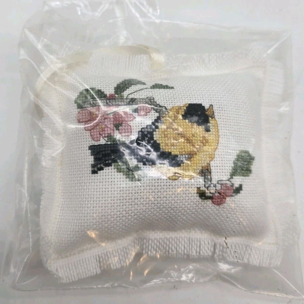 Vintage Needlepoint Finch Bird Miniature Pillow Floral 4"X4" Hanging Decorative